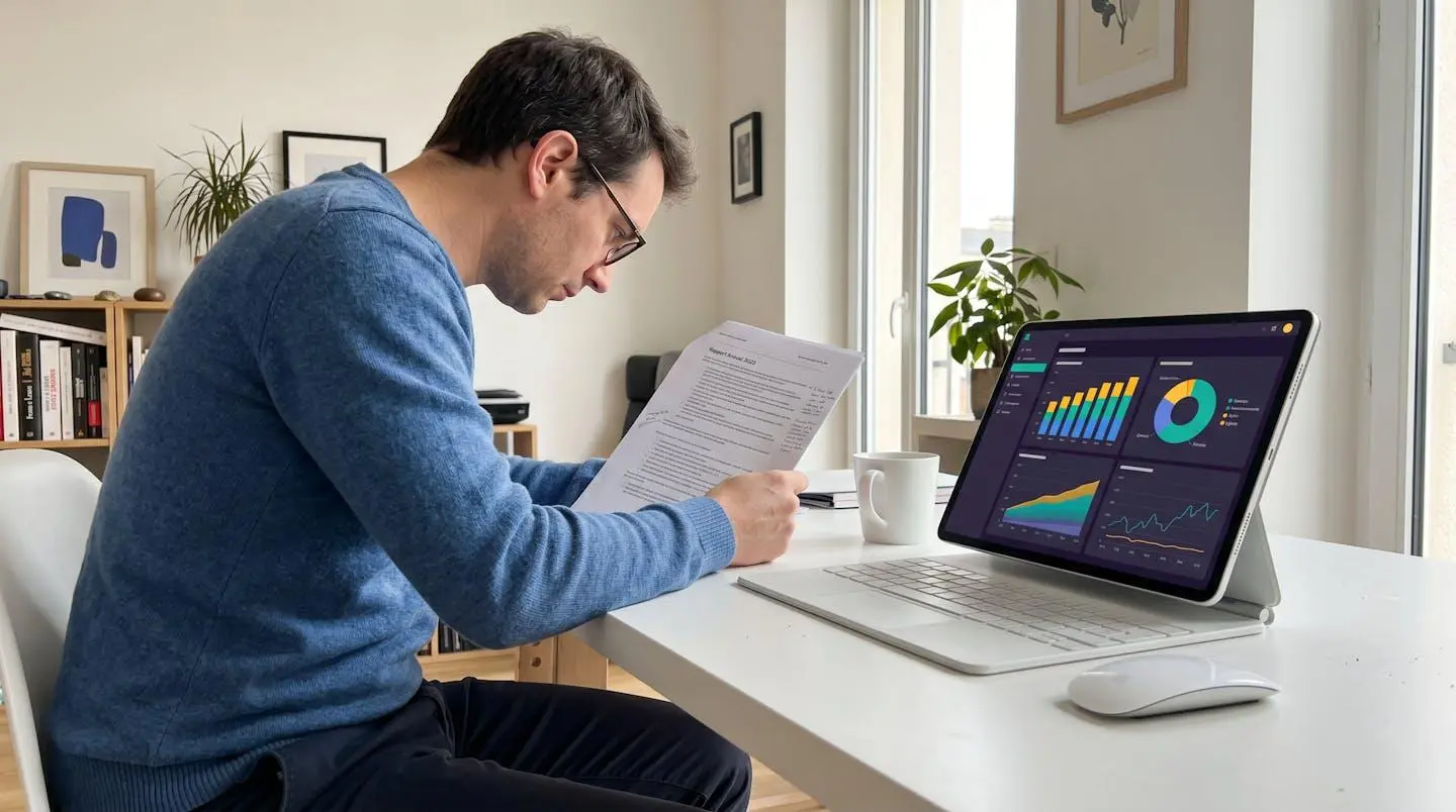 Une personne d'une trentaine d'années consulte des documents et une tablette dans un café lumineux, ambiance concentrée