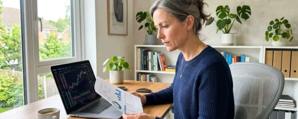 Une personne d'une quarantaine d'années consulte des documents financiers et un écran affichant des graphiques boursiers dans un bureau moderne lumineux