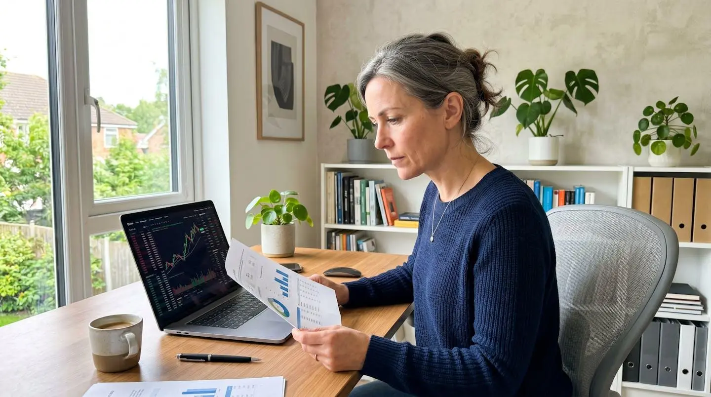 Une personne d'une quarantaine d'années consulte des documents financiers et un écran affichant des graphiques boursiers dans un bureau moderne lumineux