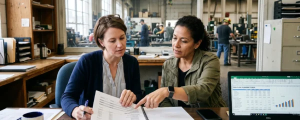 Une dirigeante de PME examine un dossier de financement avec son comptable au bureau