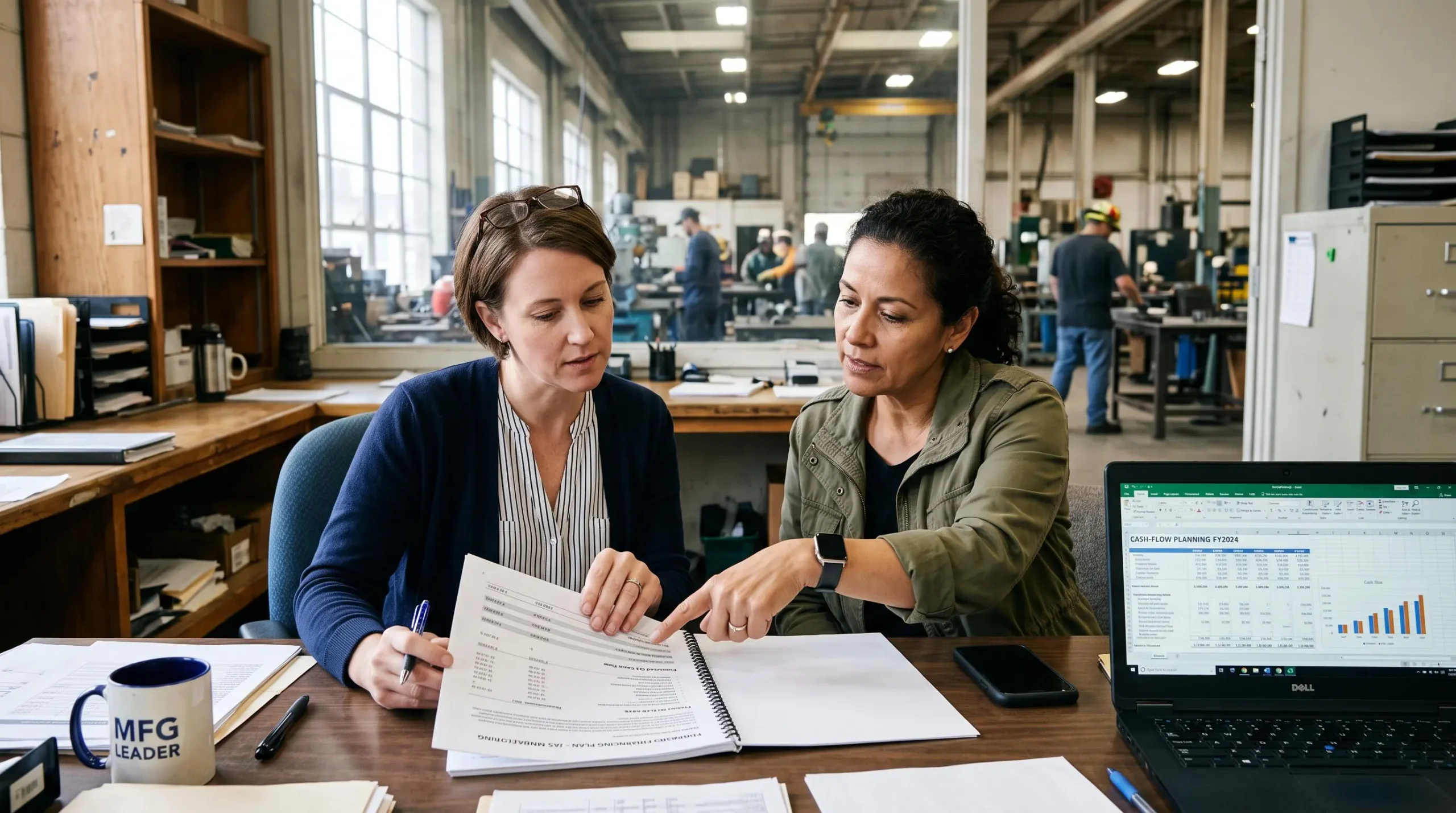 Une dirigeante de PME examine un dossier de financement avec son comptable au bureau